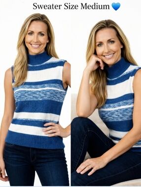 "Nine West" Blue/White striped Ribbed Sleeveless Turtleneck Sweater – Size M